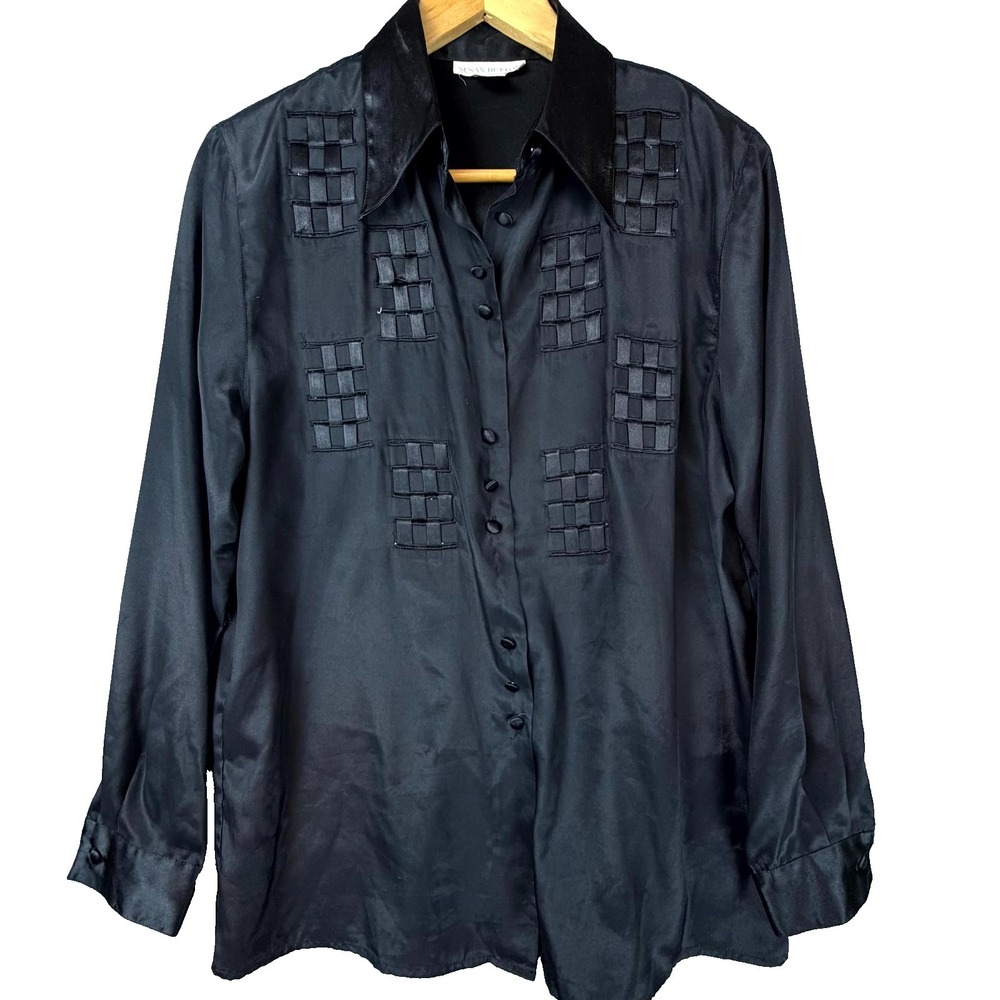 Vintage Susan Hutton Secretary Blouse Womens 8 Black Satin Lattice Ribbon‎
